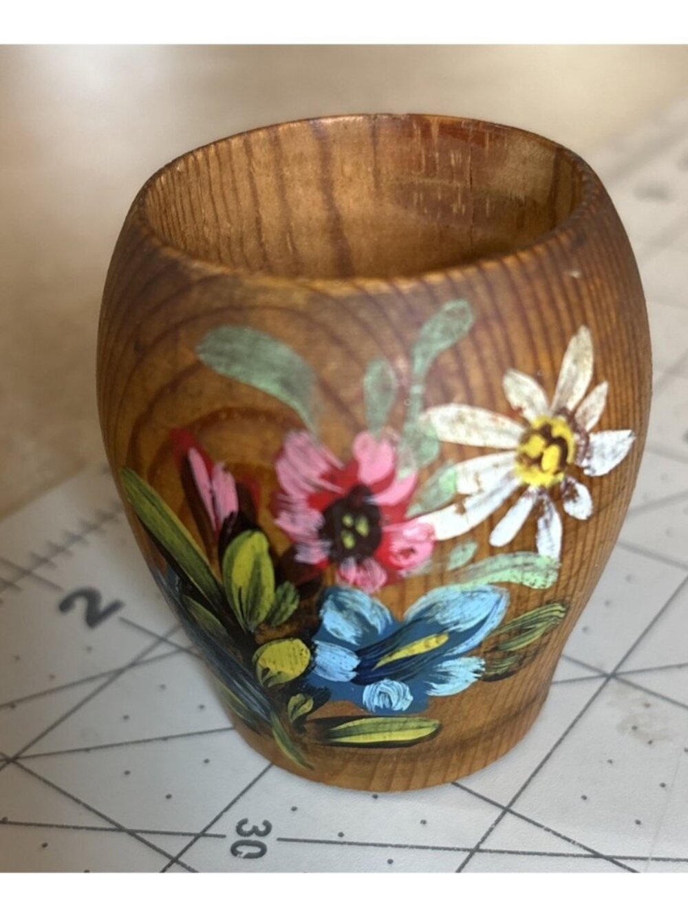 Hand Painted Wooden Folk Art CupFloral Eastern European Salt Cellar 3"